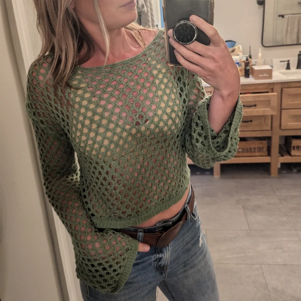 Open Knit Bell Sleeve Coverup Top - Picture 2 of 3